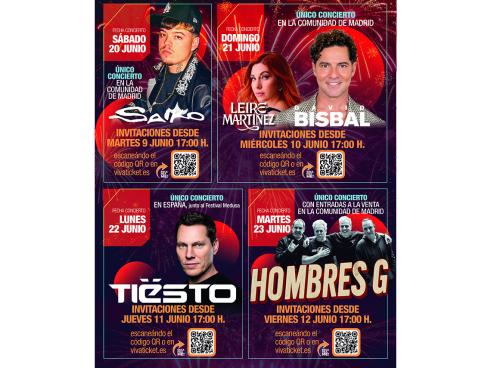 Desde mañana martes, 9 de junio, se podrán conseguir las invitaciones gratuitas para torrejoneros de los grandes conciertos de Tiësto, David Bisbal, Hombres G, Leire Martínez y Saiko, de las Fiestas Populares de Torrejón, las mejores de la Comunidad de Madrid 