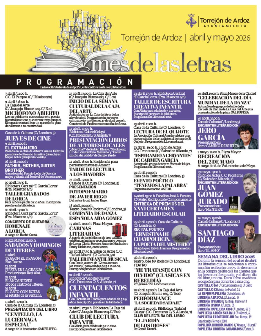 Cartel Mes de las Letras abril y mayo 2026