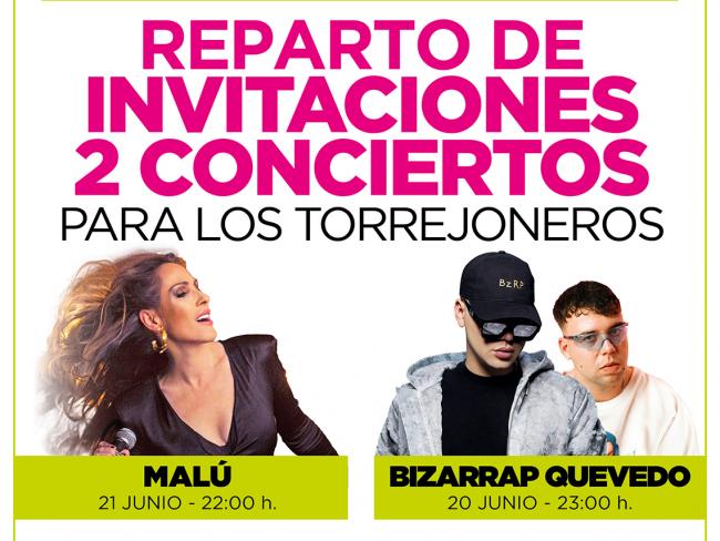 Mañana miércoles y pasado mañana, jueves, los torrejoneros pueden recoger sus invitaciones gratuitas para acceder a los conciertos de Malú (martes 21 de junio a las 22:00 horas) y Bizarrap y Quevedo (lunes 20 de junio a las 23:00 horas) de las Fiestas Populares 